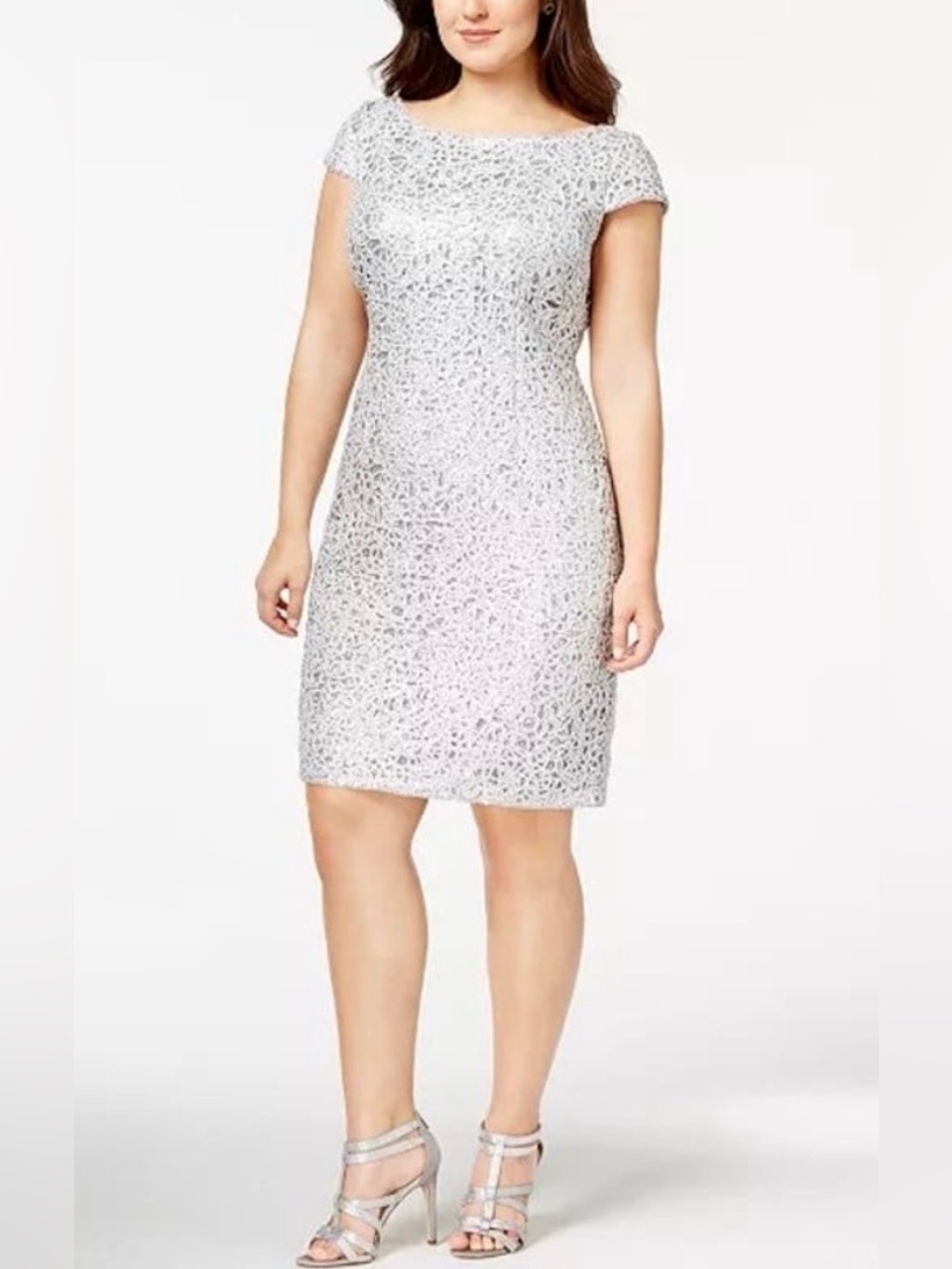 Adrianna Papell Silver Sequin Lace Shift Dress